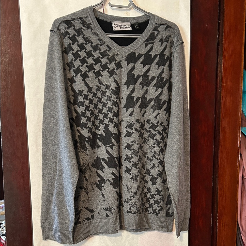 Public Opinion Gray and Black Houndstooth 100% Cashmere Men Sweater, Sz Large